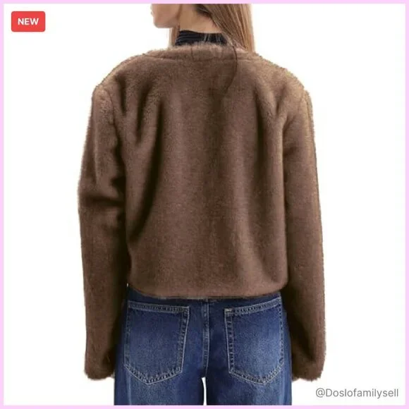 Faux Fur Cropped Coat Leather Belt Detail Winter Jacket Chic Elegant - Picture 3 of 5